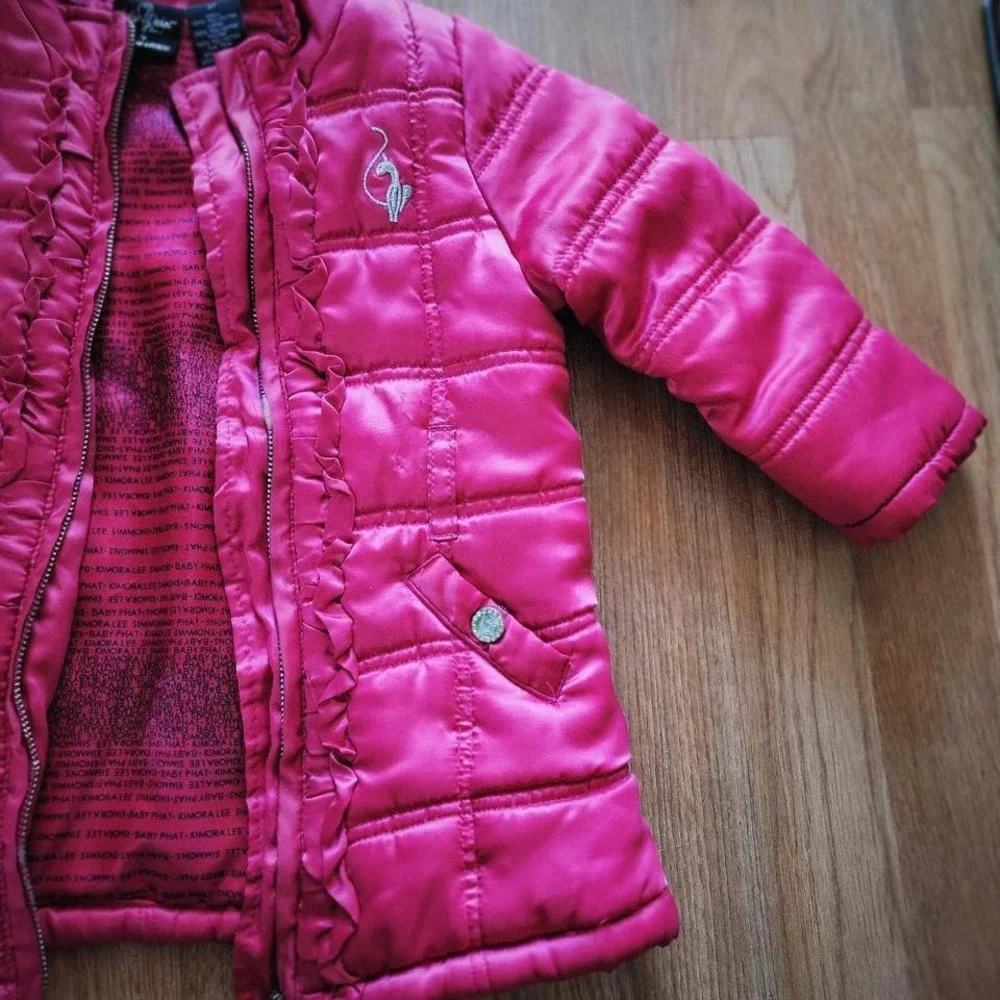 Baby Phat Girlz Puffer Jacket Vintage 2000s Pink Ruffle Quilted Coat Kids 2T